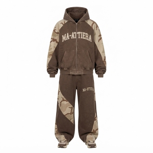 Ensemble de survêtement à capuche zippé pour homme, marron beige camouflage, coupe ample, empiècements contrastants, style streetwear, personnalisable OEM ODM, vente en gros - Product Image 3