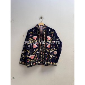 Indian <b>Women</b> Handmade Floral Embroidered Velvet Jacket Mandarin Collar Suzani Style Short <b>Coat</b> Inside Cotton Lining Jacket - Product Image 3