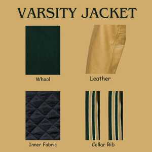 Men's Dark Green Varsity <b>Jacket</b> With Tan PU <b>Leather</b> Sleeves Regular Fit Button Closure Preppy Style Autumn Wear - Product Image 5