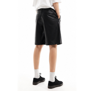 Men's Black <b>PU</b> Coated Bermuda Leather <b>Shorts</b> Mid Waist Casual Style With Pockets Breathable Woven Fabric Men's Leather Jhort - Product Image 4