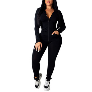 Combinaison longue à capuche bleue pour femme, taille haute, coupe ajustée, en spandex et polyester, fermeture éclair sur le devant, couleur unie, longueur intégrale - Product Image 5