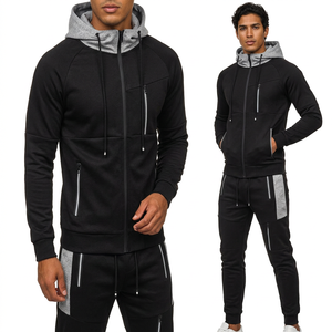 Ensemble de survêtement noir à capuche pour homme, couleur unie, manches longues, fermeture éclair, tenue décontractée de jogging avec poches latérales, idéal pour l'automne - Product Image 5