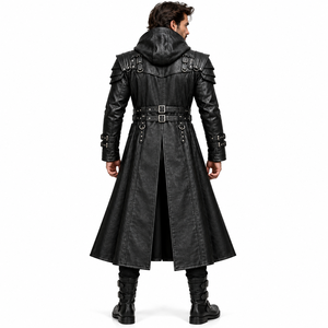 Men's Black Gothic <b>Leather</b> <b>Long</b> <b>Coat</b> Hooded Steampunk <b>Trench</b> <b>Coat</b> with Multiple Buckle Straps Shoulder Armor Design Custom - Product Image 4