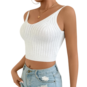 Débardeur court côtelé en maille pour femme, col en V, sans manches, coupe ajustée, respirant, séchage rapide, style décontracté hiver, personnalisable OEM ODM - Product Image 5