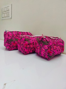 Artisan Cotton Toiletry Bag Block Print Cosmetic Pouch Travel Makeup Organizer For Daily Use Set Of 3 High Demand Product - Product Image 3
