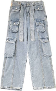 Pantalon cargo en jean 100 % coton délavé effet soleil, motif uni, respirant, style décontracté, plusieurs poches - Product Image 3