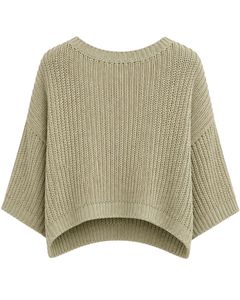 Pull court en tricot vert olive pour femme, coupe ample, manches courtes, léger et respirant, idéal pour l'été, style décontracté et tendance - Product Image 5
