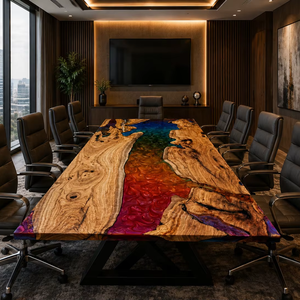 โต๊ะประชุมหรูหราแบบอีพ็อกซี่ริเวอร์ โต๊ะรับประทานอาหารไม้ขอบธรรมชาติ เฟอร์นิเจอร์สำนักงานสมัยใหม่ โต๊ะประชุมผู้บริหาร ตกแต่งด้วยเรซิ่นทำมือ - Product Image 1