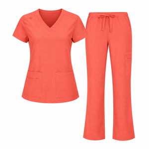 Red Medical Scrub Set <b>Womens</b> V Neck Short Sleeve Pocket Top Drawstring <b>Trousers</b> Nursing Uniform Hospital Clinic <b>Workwear</b> Ladies - Product Image 6