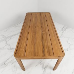 Table à manger rectangulaire moderne en bois massif avec plateau en teck à lattes et coins arrondis, ensemble de meubles en bois pour la décoration de l'espace de vie - Product Image 2