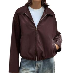 Blouson bomber en cuir uni pour femme, fermeture éclair, col montant, poches, longueur au-dessus du genou, pour un style décontracté et streetwear - Product Image 1