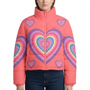 Abrigo Acolchado con Cinturón y Diseño de Corazón para Mujer, Chaqueta de Invierno con Capucha, Diseño Sublimado, Cálido, Acolchado, para Exteriores, Moda Casual - Product Image 1