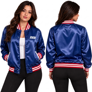 Chaqueta de satén para mujer con ribetes rojos y azules, cierre frontal con broches, cuello tricolor, cortavientos azul cielo, abrigo sedoso, venta al por mayor, directo de fábrica, OEM - Product Image 5