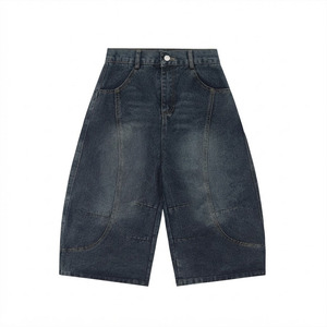 Shorts Bermuda en jean délavé bleu foncé sur mesure, coupe large, taille haute, pour le streetwear (vente en gros) - Product Image 1