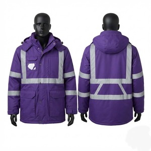 <b>Men</b> Work <b>Jacket</b> 240 GSM Polyester Oxford Fabric Purple Reflective Tape Panels Hooded <b>Utility</b> <b>Jacket</b> Custom Logo Embroidery Trim - Product Image 1