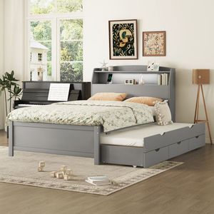 Full-Size Wooden <b>LED</b> Platform <b>Bed</b> with Trundle Storage Headboard Drawers Gray (Old SKU N820S00009E) - Product Image 1