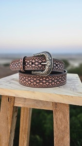 LEATHERCART Classic Diamond <b>Tooled</b> Genuine <b>Leather</b> Belt Rustic Western Buckle Premium Cowboy Finish Waterproof Durable - Product Image 2