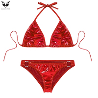Raccoon Sports Haute Qualité Sexy Rouge Cuir PU Effet Métallisé Brillant Sous-vêtements : Haut Triangle, Culotte Taille Basse à Anneau et Soutien-gorge à Armatures
