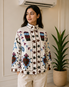 Manteau d'extérieur confortable toutes saisons Jaipur, motif nuit étoilée, col mandarin, manches longues, bleu marine, bordeaux, bleu, ivoire, motif talisman folklorique - Product Image 3