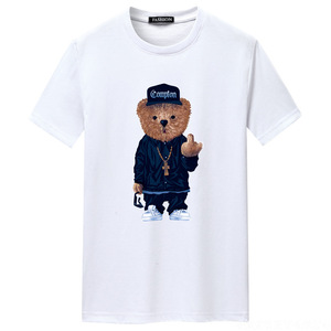 T-shirt blanc pour homme à col rond avec imprimé personnage d'ours, style streetwear, manches courtes, jersey de coton, coupe classique - Product Image 1