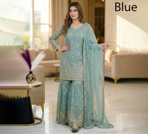 Salwar Kameez Dupatta Azul Bordado en Georgette Sintético Pesado, Traje Tradicional Indio Pakistaní para Bodas y Fiestas, Midi Ajustado para Mujer - Product Image 1