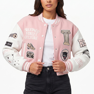 Chaquetas Universitarias Cortas para Mujer, Diseño Nuevo, Estilo Letterman en Color Rosa, Chaquetas Universitarias al por Mayor - Product Image 1
