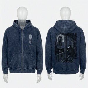 Custom Dark Grey Acid Wash Hoodie Oversized Mens Streetwear Crow Graphic Print Pullover Heavyweight Fleece Hooded Sweatshirt - Product Image 5