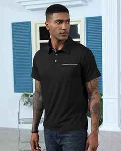 Chemise décontractée pour homme en coton tricoté noir uni à manches courtes, respirante, coupe classique, avec poche poitrine, idéale pour la pêche (ODM) - Product Image 3