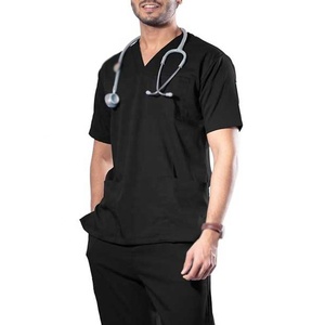 Ensemble de blouses médicales noires pour hommes à col en V avec poche, uniforme d'hôpital en tissu tissé coton-polyester - Product Image 4