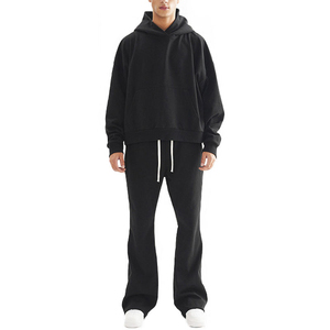 Custom Men Heavyweight Cotton Baggy Sweatshirt Tracksuit Unisex Boxy Cropped Hoodie and Flared Wide Leg <b>Sweatpants</b> <b>Sets</b> - Product Image 4