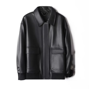 Veste en cuir véritable unisexe OEM ODM, fermeture éclair recouverte, noire, décontractée, ample, style vintage, pour femmes et hommes, type bomber – Grande Vente - Product Image 1