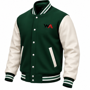 Wholesale OEM Varsity <b>Jacket</b> Forest Green Wool Body Cream Leather Sleeves Striped Rib-Trim Snap Button <b>Letterman</b> <b>Jacket</b> - Product Image 5