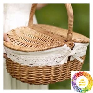 Panier de pique-nique en rotin naturel tissé à la main, grand et petit panier en osier avec poignée pour le camping, les repas en plein air et le shopping - Product Image 2