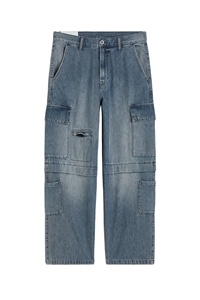 Los más vendidos 100% algodón rígido Baggy Cargo Denim hombres redondeados Lag Side y parche pierna bolsillos Jeans a precio de fábrica al por mayor - Product Image 2
