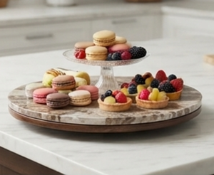 Round Marble <b>Lazy</b> <b>Susan</b> Turntable Tray with Wood Base <b>Storage</b> Holder For Kitchen Table Countertops Dining Display Organization - Product Image 5