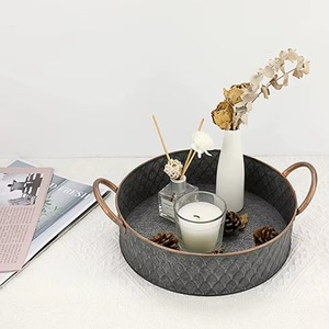 Round Metal Decorative Tray With Handles Industrial Style Antique Weathered Finish Single-Piece Package - Product Image 2