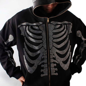 Sudadera con capucha unisex 100% algodón personalizable con cremallera completa, diseño de esqueleto de hierro, pedrería y bordados, patrón sólido vintage - Product Image 3
