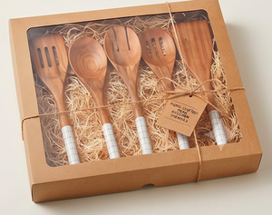 Classic Brown Wooden Spoon Set of 5 Elegant <b>Grid</b> Handle Cutlery Utensils For Tableware Dining Use Kitchen And Hotel Use - Product Image 3