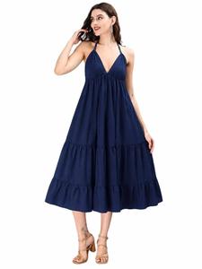 Vestido maxi bohemio de algodón y lino azul marino liso para mujer, vestido halter con cintura imperio y volantes escalonados, vestido midi de verano - Product Image 3