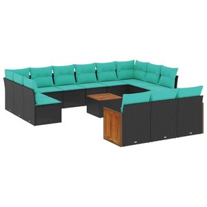 Ensemble de canapés de patio en polyrotin noir avec coussins, 14 pièces, mobilier de jardin extérieur, design contemporain, table en teck - Product Image 4