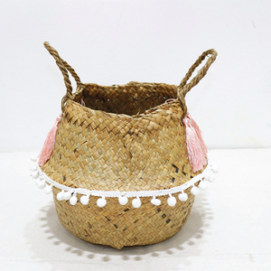 Top Rated Handmade Palm Leaf <b>Belly</b> <b>Basket</b> Space-saving Folding Laundry Hamper with Pom Pom - Product Image 2
