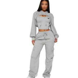 Women Cut Out Fashion Cropped Top Track <b>Jacket</b> Set Heavyweight Oversized Solid Color Knitted Fabric Women's Hoodies Cargo OEM - Product Image 1