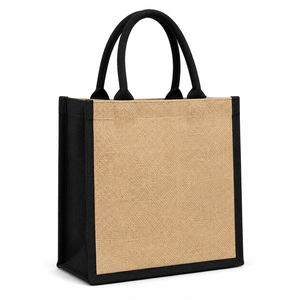 Jute Tote <b>Bag</b> Small Size Black Trim Top Handle <b>Reusable</b> Heavy Duty Beach & Gift Use Groceries Carrier - Product Image 1