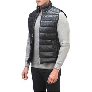 <b>Men's</b> Black Genuine <b>Leather</b> Stand Collar Puffer <b>Vest</b> With Zipper Closure Windproof Casual Winter Outerwear - Product Image 4