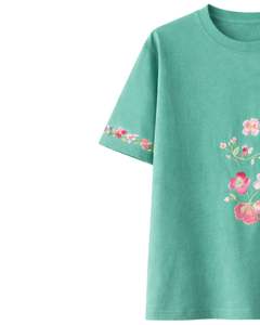 Camiseta Personalizada Verde Verdeazulado con Estampado Floral para Mujer, Cuello Redondo de Algodón Suave, Manga Corta Informal, Top de Verano Ligero y Cómodo - Product Image 5