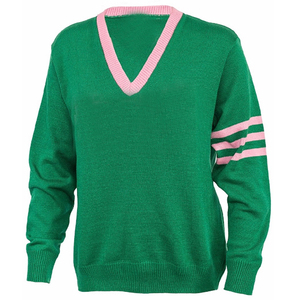 Pull en molleton tricoté vert, col rond rose, coupe classique, unisexe, décontracté, coupe-vent, hiver, logo personnalisé, sororités, style universitaire - Product Image 6