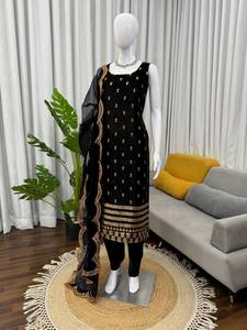 Conjunto de Salwar Kameez Negro Bordado, Reversible, Largo hasta el Tobillo, para Mujer, Traje de Fiesta o Boda con Dupatta - Product Image 6