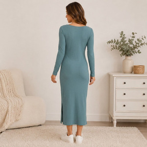 Vestido de Maternidad Acanalado de Manga Larga con Botones Delanteros, Largo hasta la Rodilla, Color Sólido, Tipo Camisón para Mujer - Product Image 2