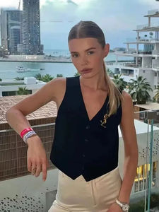 Gilet sans manches chic pour femme, col en V, simple boutonnage, élégant, blanc - Product Image 3