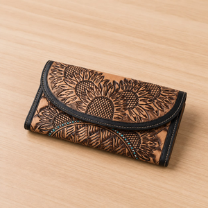 Handcrafted Genuine Leather Embossed Wallet for Women Vintage Floral Clutch <b>Purse</b> <b>Long</b> Bifold Wallet Card Holder Organizer Brown - Product Image 1